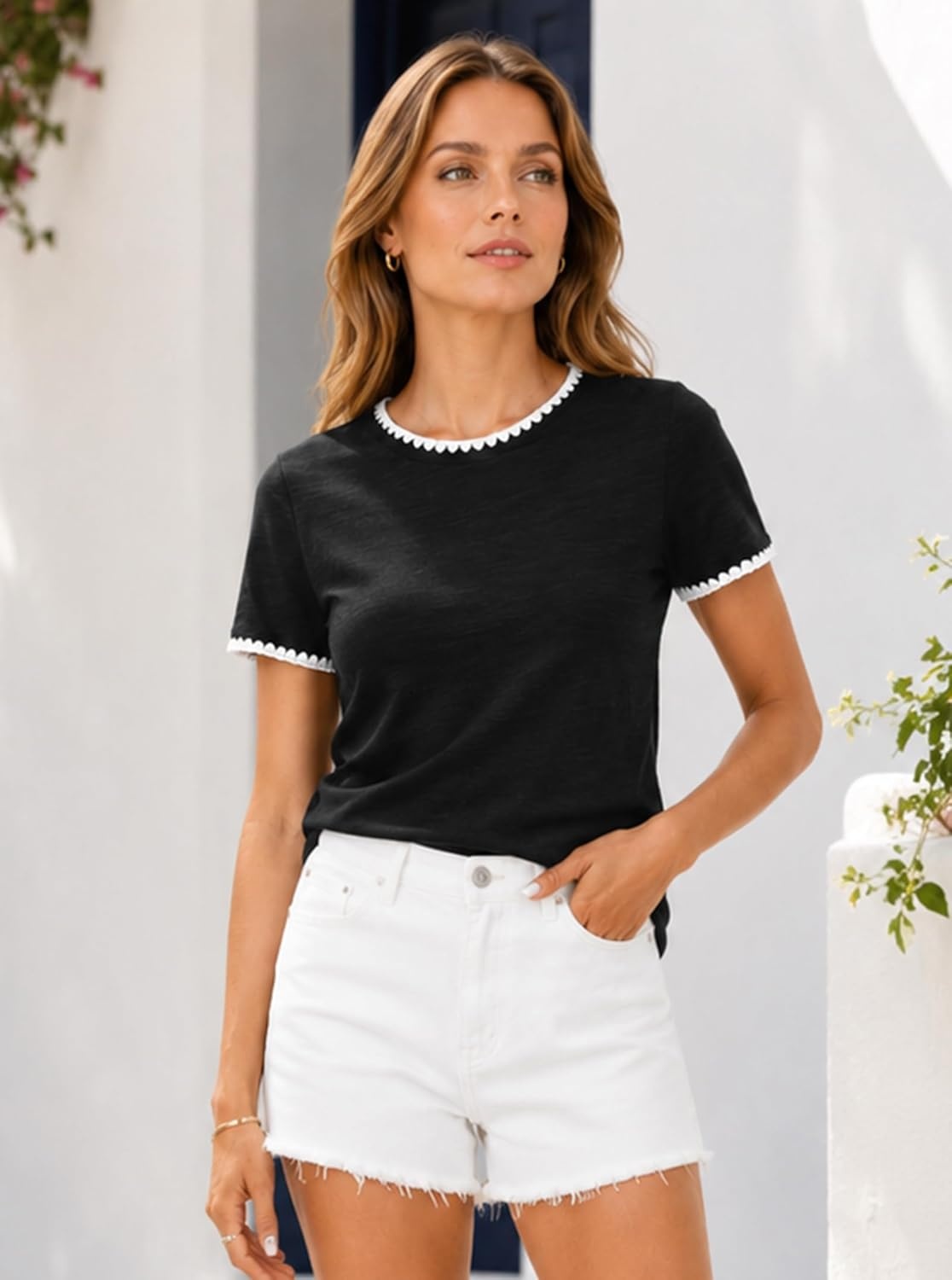 image:imageAvanova Ringer Tee Women Contrast Trim Short Sleeve Shirts Casual Summer Cotton T ShirtBlack
