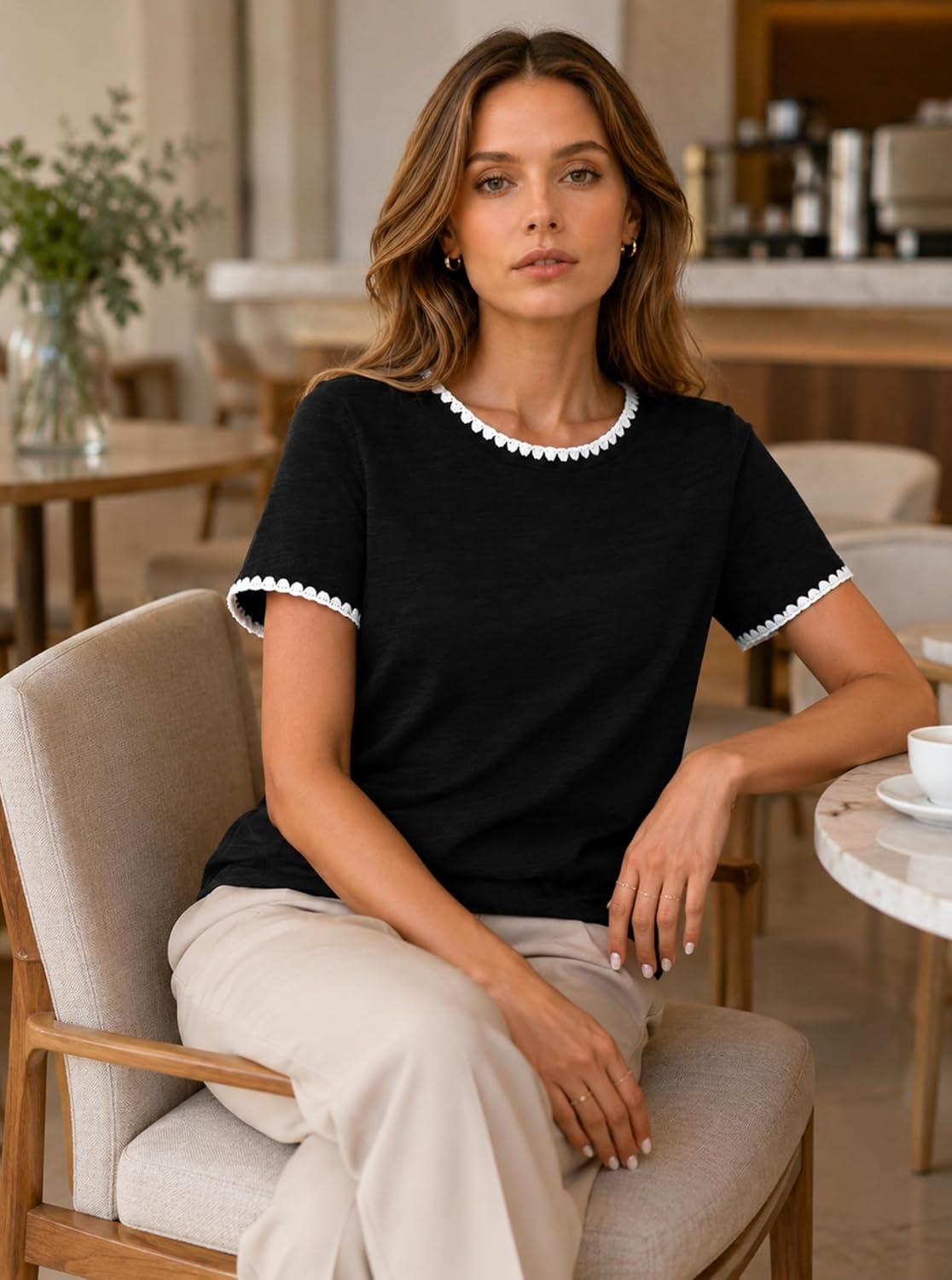 image:imageAvanova Ringer Tee Women Contrast Trim Short Sleeve Shirts Casual Summer Cotton T ShirtBlack