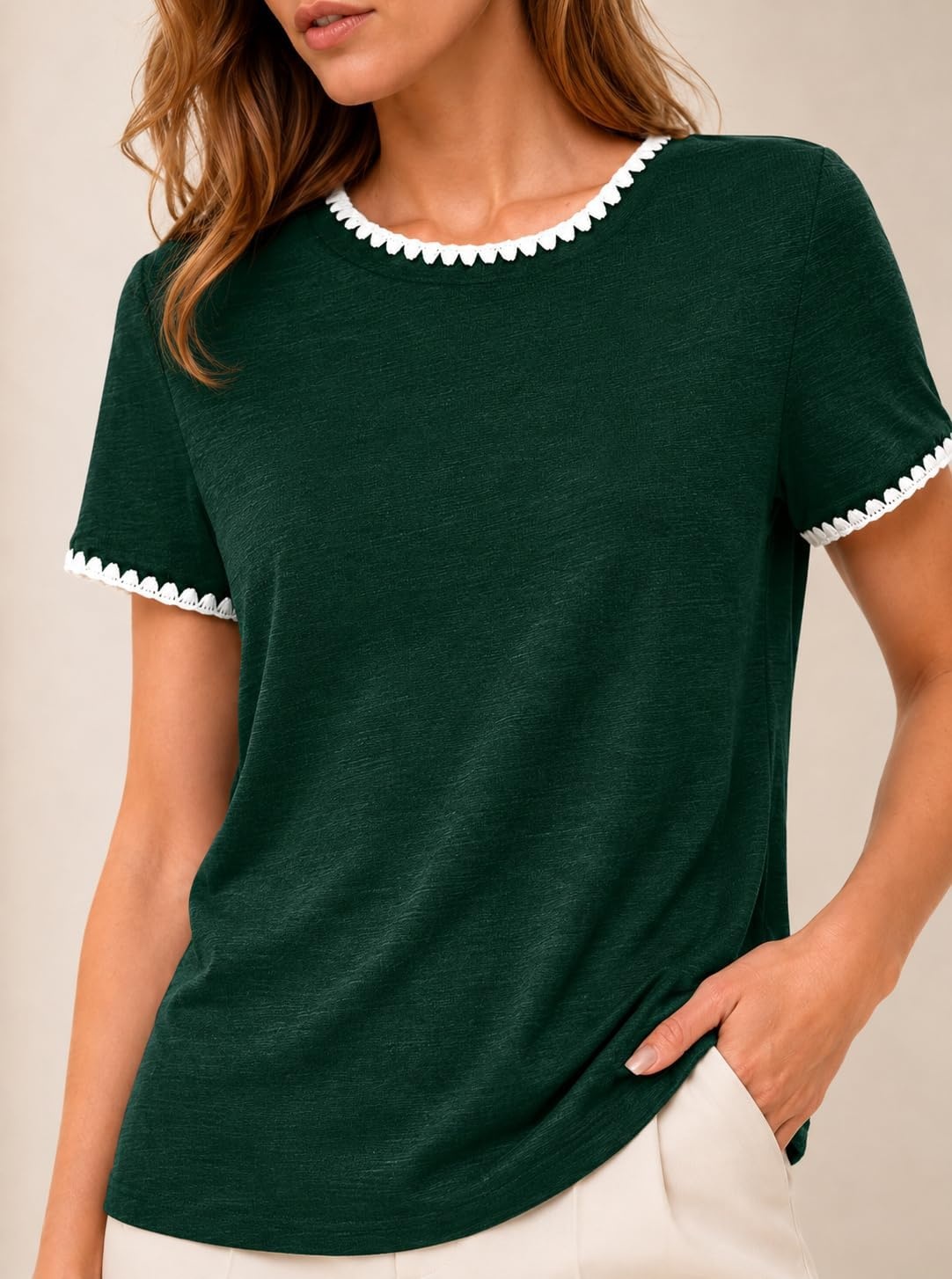 image:imageAvanova Ringer Tee Women Contrast Trim Short Sleeve Shirts Casual Summer Cotton T ShirtDark Green