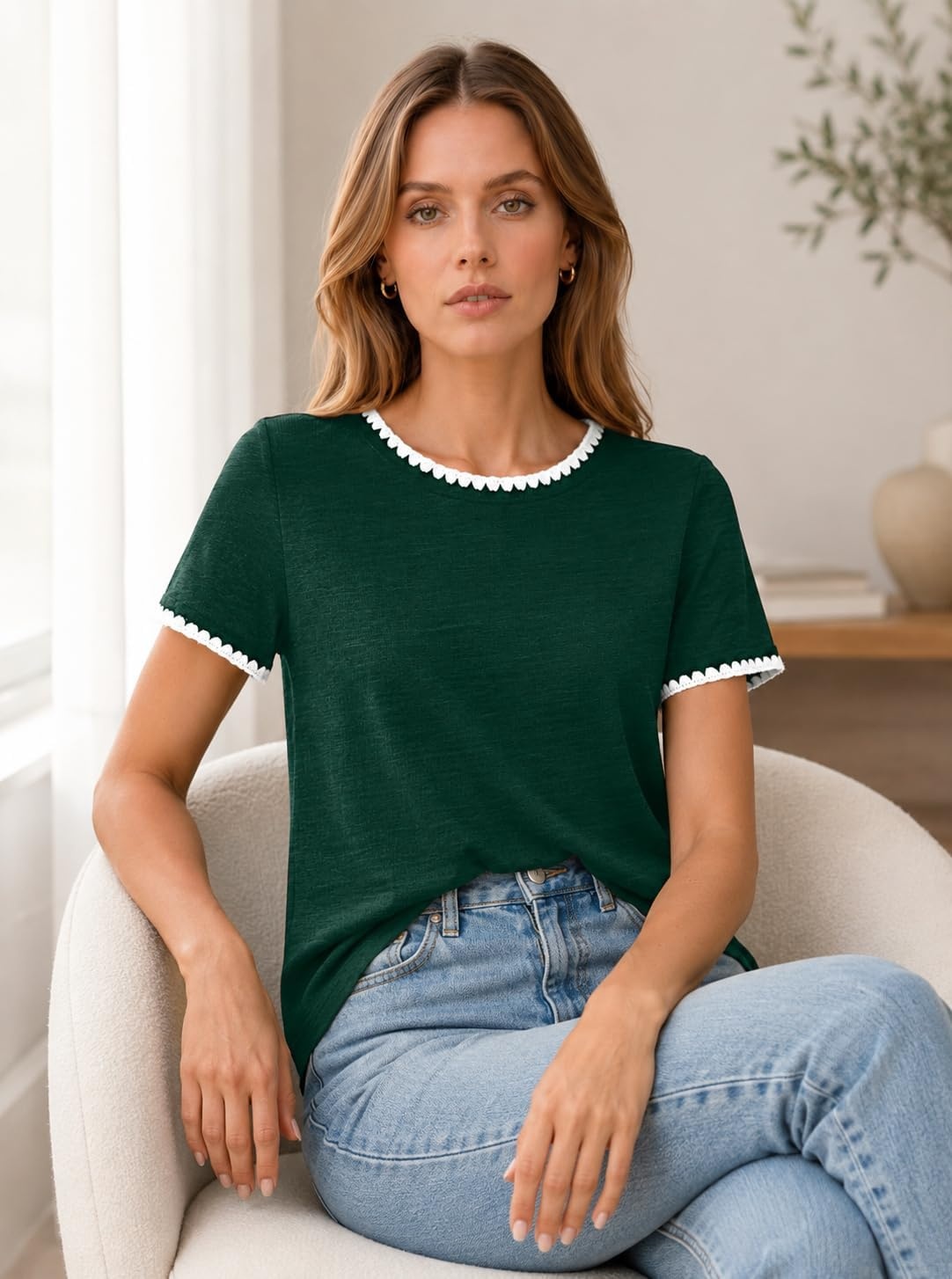 image:imageAvanova Ringer Tee Women Contrast Trim Short Sleeve Shirts Casual Summer Cotton T ShirtDark Green
