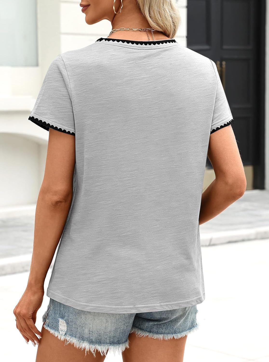 image:imageAvanova Ringer Tee Women Contrast Trim Short Sleeve Shirts Casual Summer Cotton T ShirtGrey Black