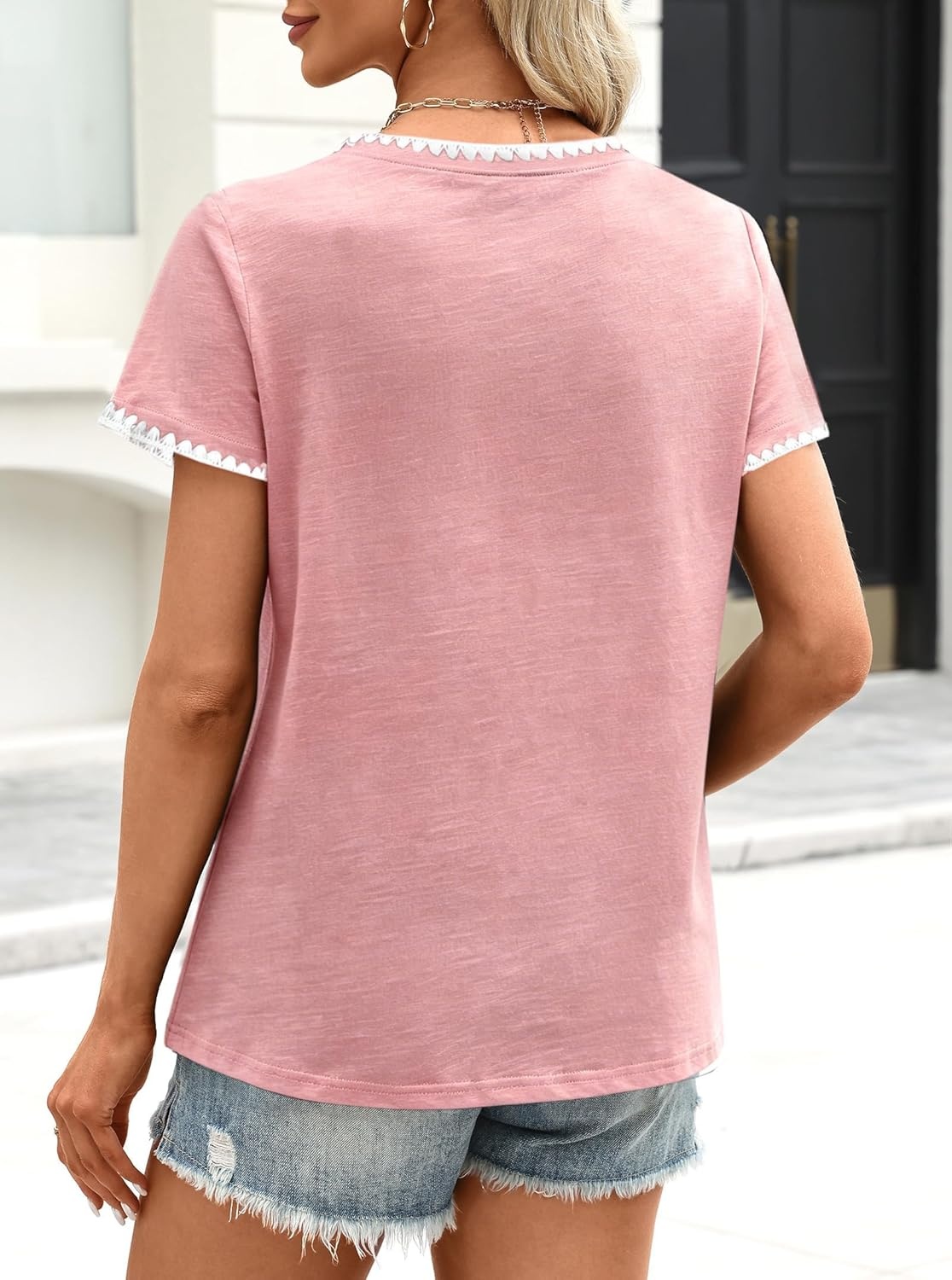 image:imageAvanova Ringer Tee Women Contrast Trim Short Sleeve Shirts Casual Summer Cotton T ShirtLight Pink