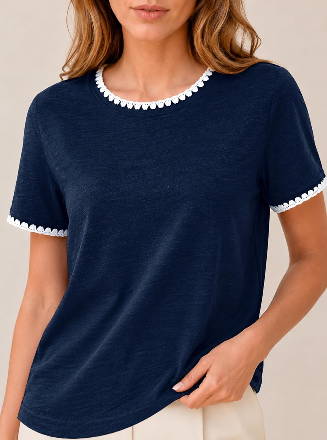 image:imageAvanova Ringer Tee Women Contrast Trim Short Sleeve Shirts Casual Summer Cotton T ShirtNavy