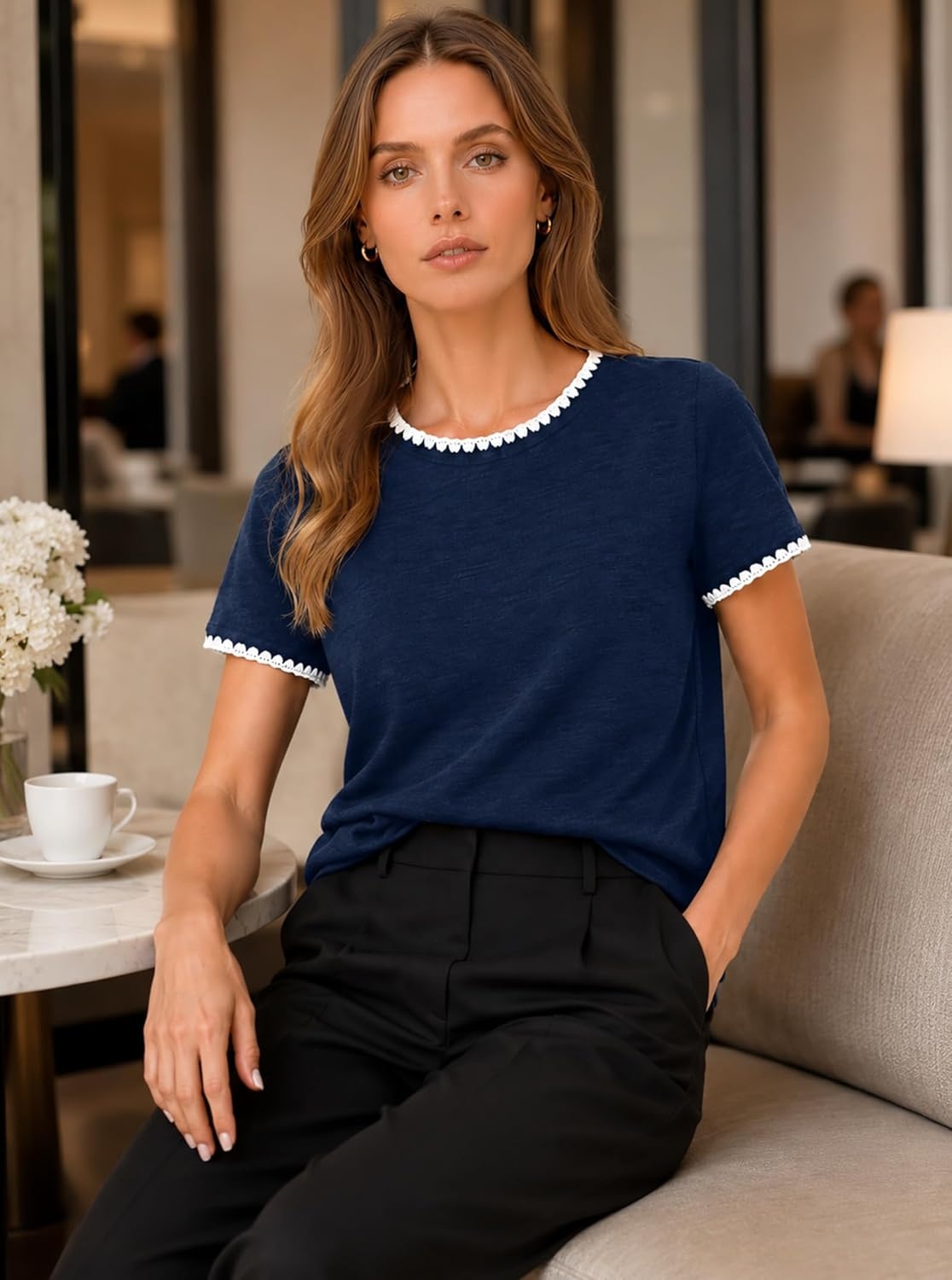 image:imageAvanova Ringer Tee Women Contrast Trim Short Sleeve Shirts Casual Summer Cotton T ShirtNavy