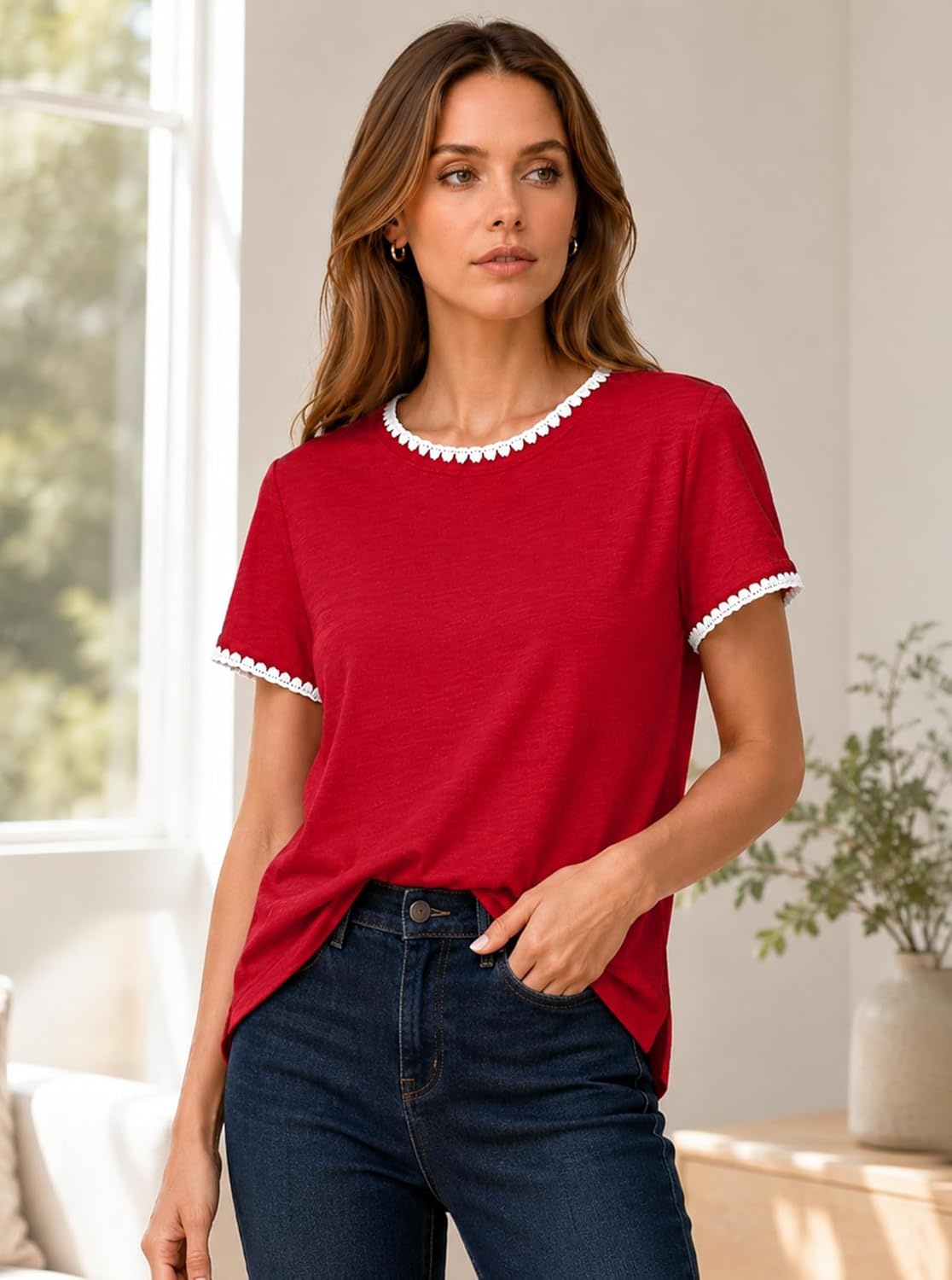image:imageAvanova Ringer Tee Women Contrast Trim Short Sleeve Shirts Casual Summer Cotton T ShirtRed