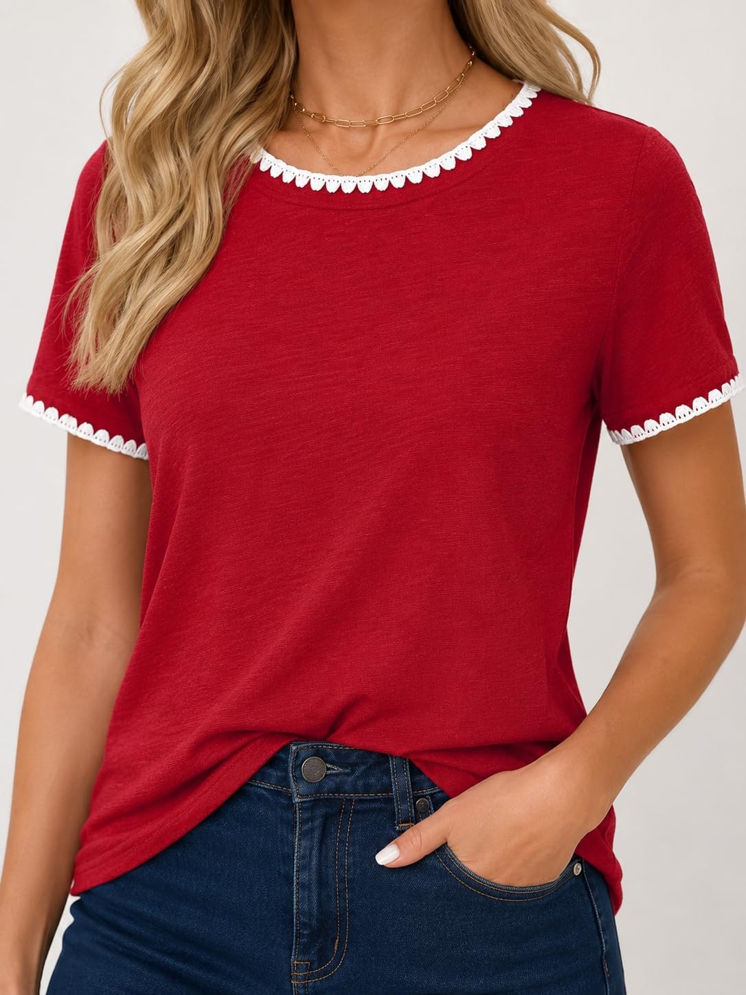 image:imageAvanova Ringer Tee Women Contrast Trim Short Sleeve Shirts Casual Summer Cotton T ShirtRed