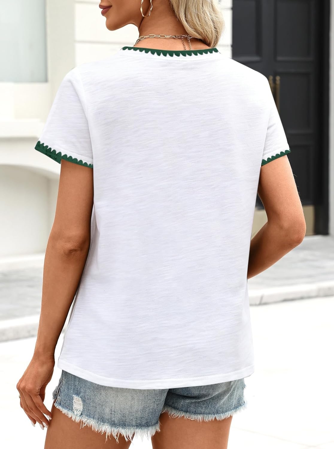 image:imageAvanova Ringer Tee Women Contrast Trim Short Sleeve Shirts Casual Summer Cotton T ShirtWhite Green
