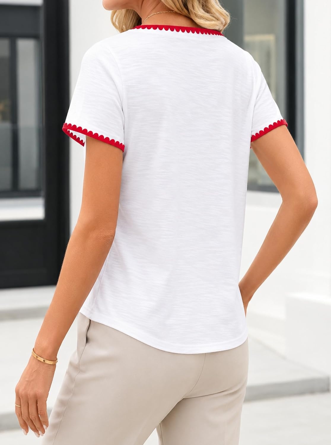 image:imageAvanova Ringer Tee Women Contrast Trim Short Sleeve Shirts Casual Summer Cotton T ShirtWhite Red