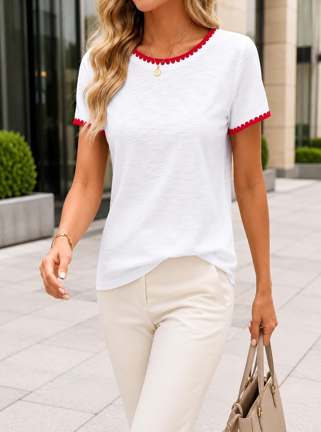 image:imageAvanova Ringer Tee Women Contrast Trim Short Sleeve Shirts Casual Summer Cotton T ShirtWhite Red