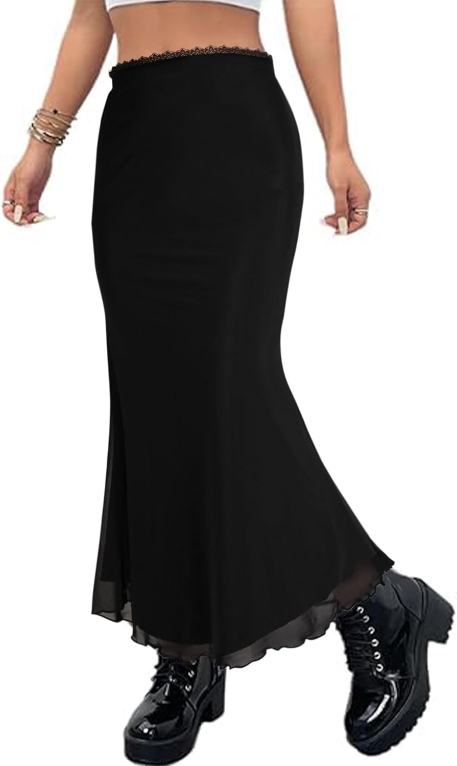 image:imageAvanova Women Boho Floral Mesh Long Skirts Elastic High Waisted Mermaid Hem 90s Grunge Maxi SkirtBlack