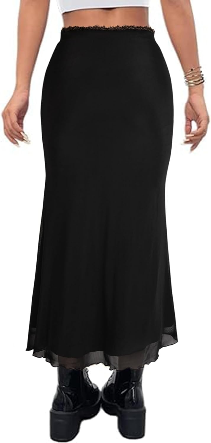 image:imageAvanova Women Boho Floral Mesh Long Skirts Elastic High Waisted Mermaid Hem 90s Grunge Maxi SkirtBlack