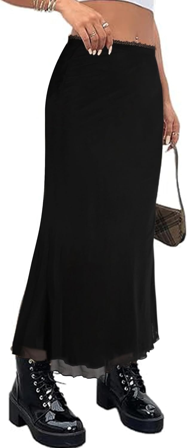 image:imageAvanova Women Boho Floral Mesh Long Skirts Elastic High Waisted Mermaid Hem 90s Grunge Maxi SkirtBlack