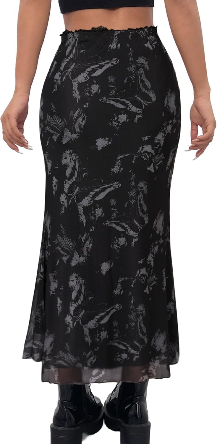 image:imageAvanova Women Boho Floral Mesh Long Skirts Elastic High Waisted Mermaid Hem 90s Grunge Maxi SkirtBlack Grey