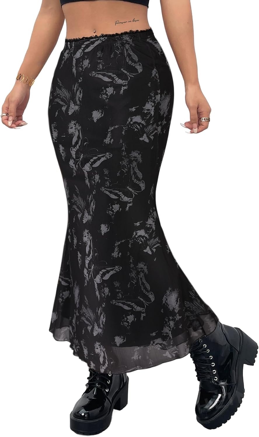 image:imageAvanova Women Boho Floral Mesh Long Skirts Elastic High Waisted Mermaid Hem 90s Grunge Maxi SkirtBlack Grey