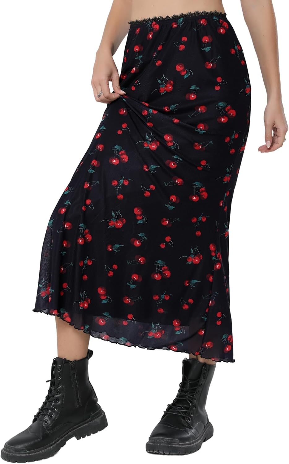 image:imageAvanova Women Boho Floral Mesh Long Skirts Elastic High Waisted Mermaid Hem 90s Grunge Maxi SkirtBlack a