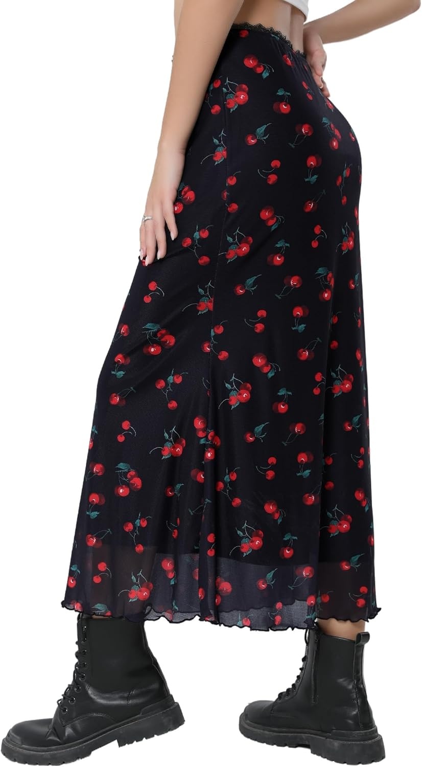 image:imageAvanova Women Boho Floral Mesh Long Skirts Elastic High Waisted Mermaid Hem 90s Grunge Maxi SkirtBlack a