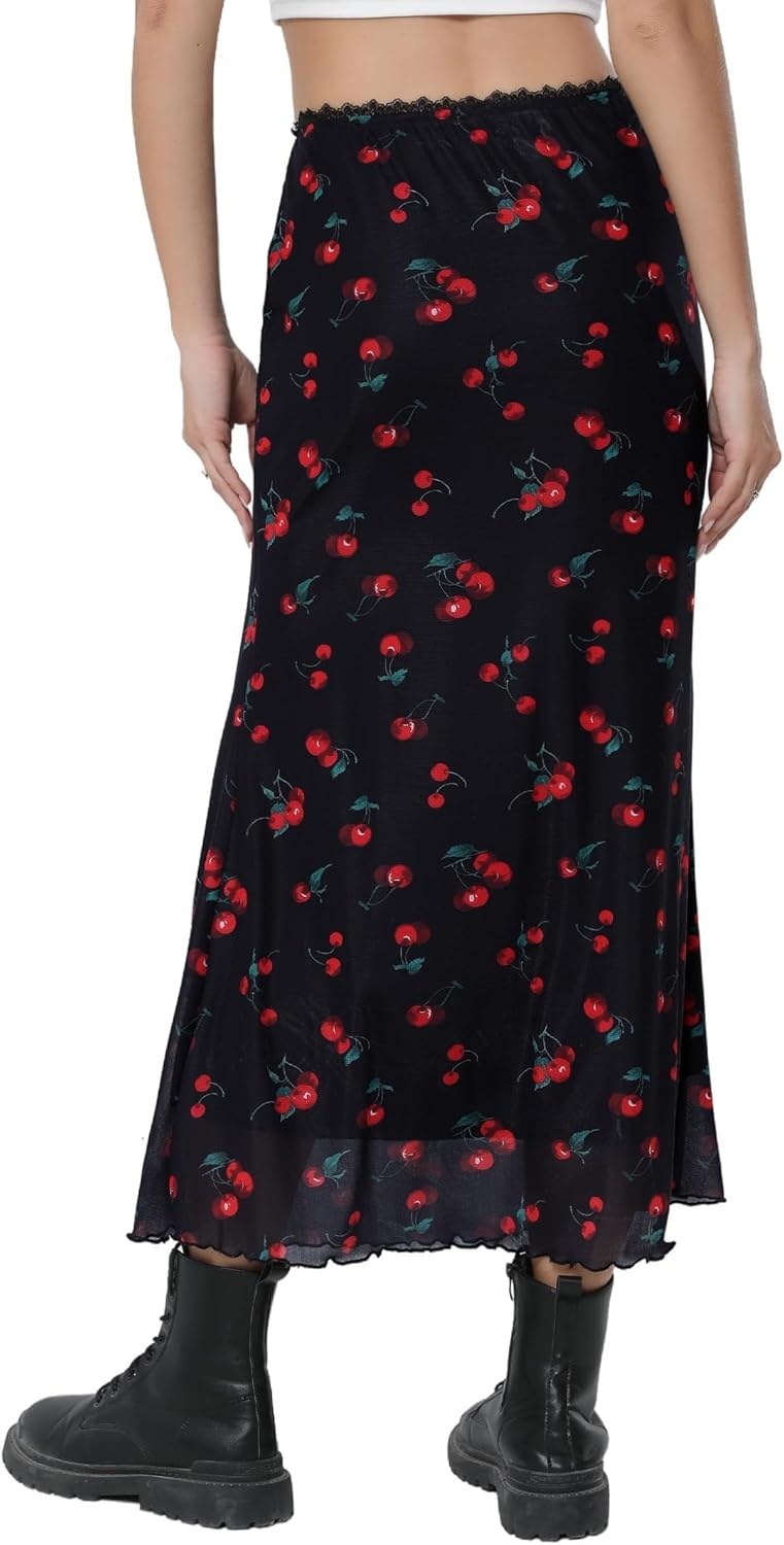 image:imageAvanova Women Boho Floral Mesh Long Skirts Elastic High Waisted Mermaid Hem 90s Grunge Maxi SkirtBlack a