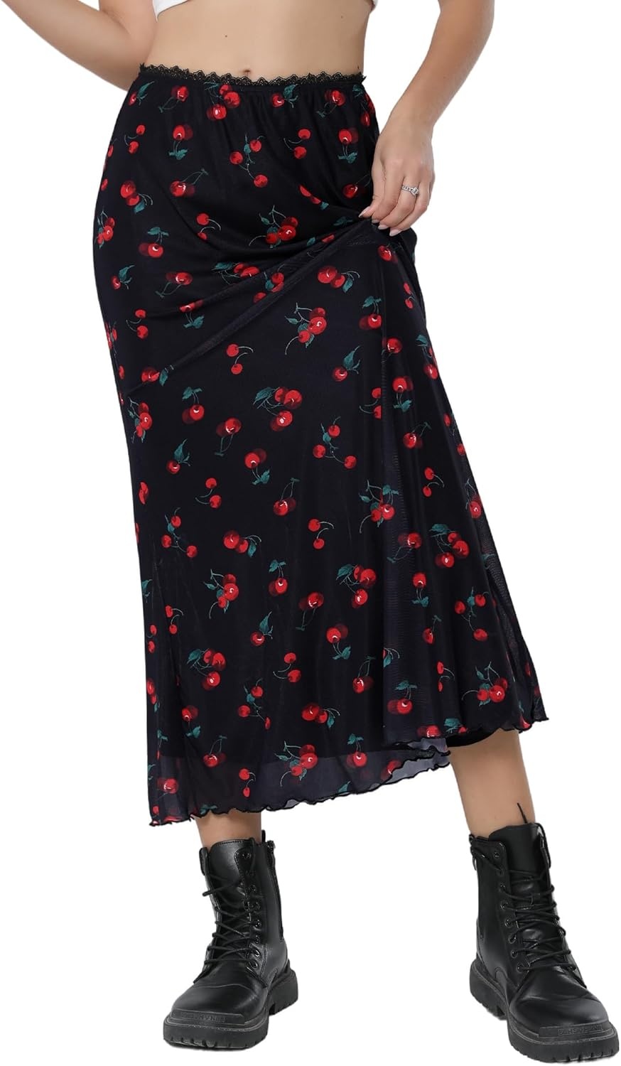 image:imageAvanova Women Boho Floral Mesh Long Skirts Elastic High Waisted Mermaid Hem 90s Grunge Maxi SkirtBlack a