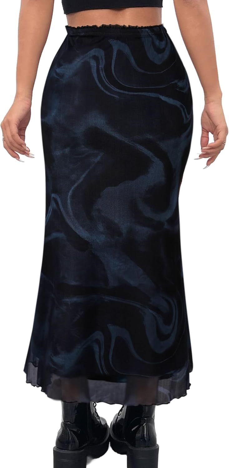 image:imageAvanova Women Boho Floral Mesh Long Skirts Elastic High Waisted Mermaid Hem 90s Grunge Maxi SkirtBlue Black