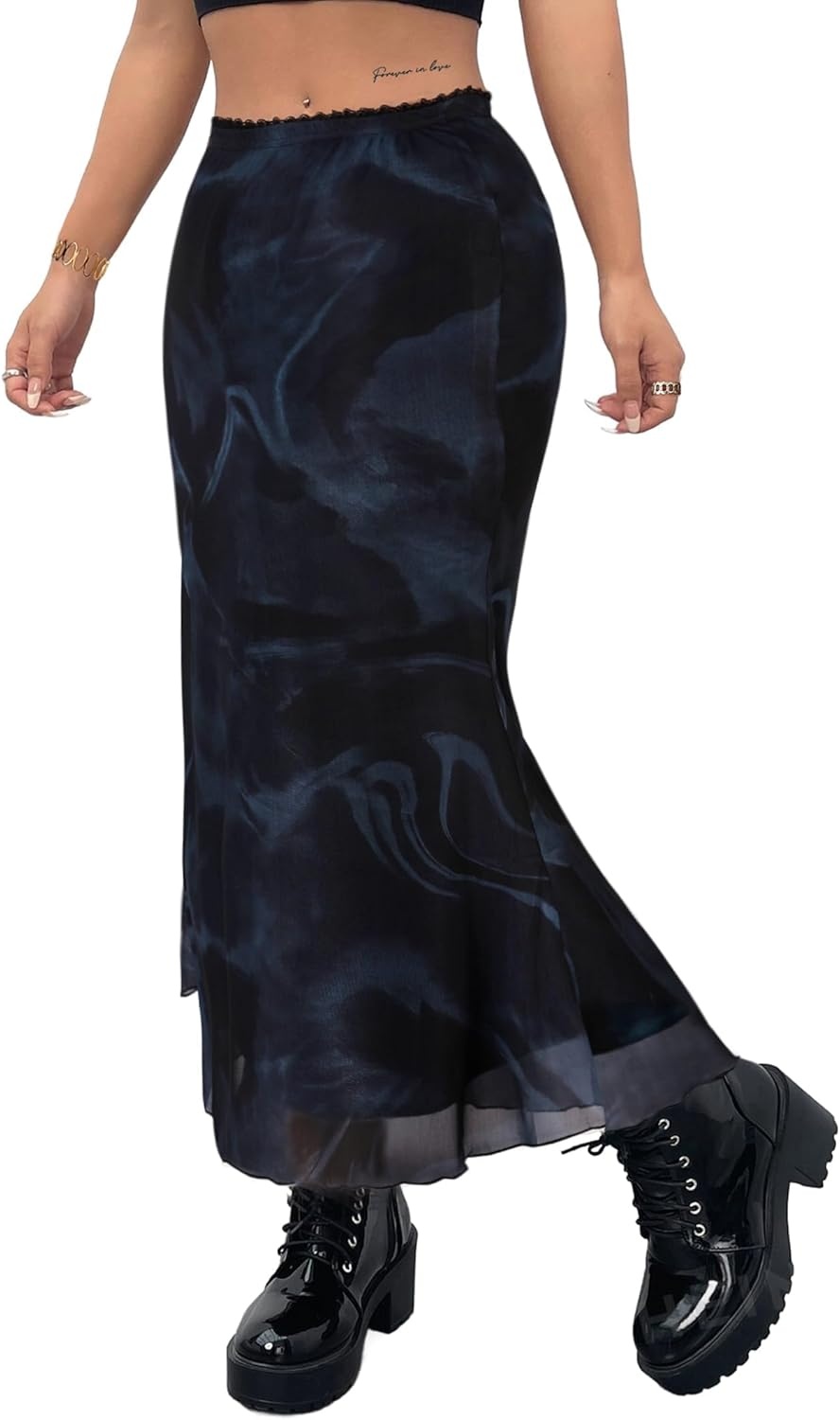 image:imageAvanova Women Boho Floral Mesh Long Skirts Elastic High Waisted Mermaid Hem 90s Grunge Maxi SkirtBlue Black