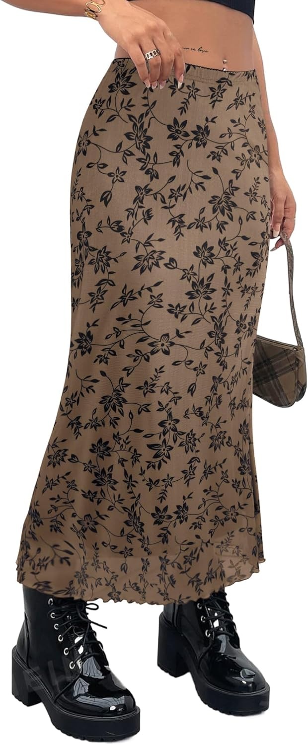 image:imageAvanova Women Boho Floral Mesh Long Skirts Elastic High Waisted Mermaid Hem 90s Grunge Maxi SkirtCoffee Brown