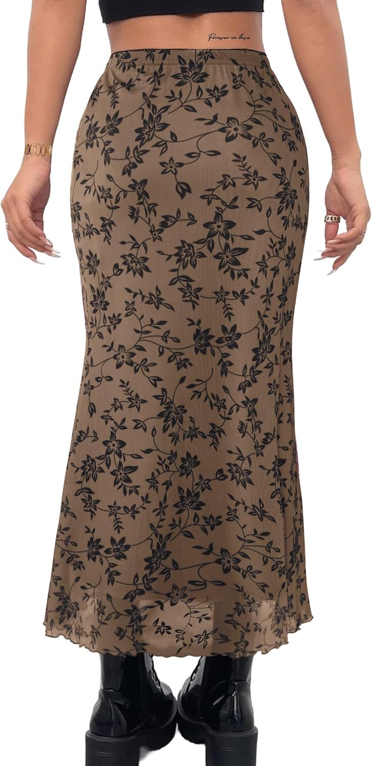 image:imageAvanova Women Boho Floral Mesh Long Skirts Elastic High Waisted Mermaid Hem 90s Grunge Maxi SkirtCoffee Brown