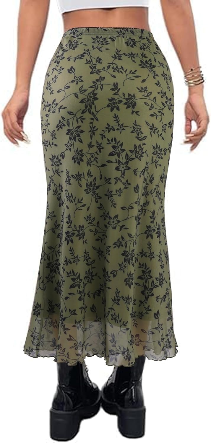 image:imageAvanova Women Boho Floral Mesh Long Skirts Elastic High Waisted Mermaid Hem 90s Grunge Maxi SkirtGreen Dark