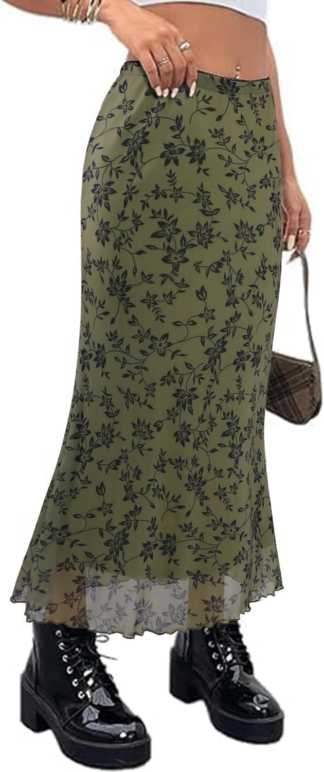 image:imageAvanova Women Boho Floral Mesh Long Skirts Elastic High Waisted Mermaid Hem 90s Grunge Maxi SkirtGreen Dark