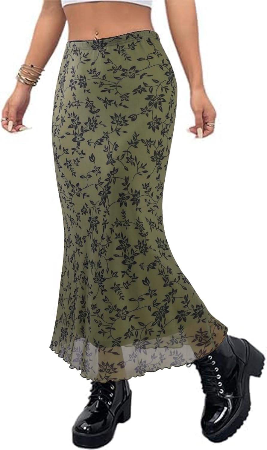 image:imageAvanova Women Boho Floral Mesh Long Skirts Elastic High Waisted Mermaid Hem 90s Grunge Maxi SkirtGreen Dark