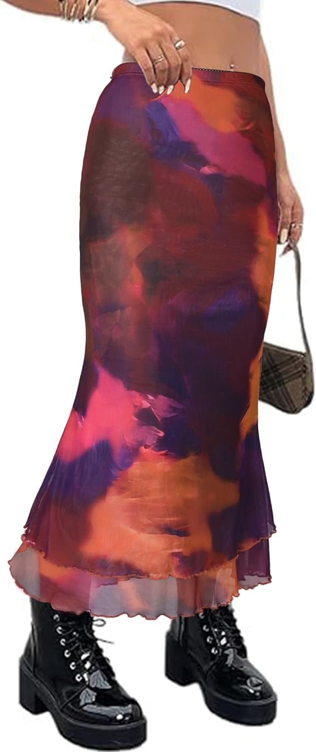 image:imageAvanova Women Boho Floral Mesh Long Skirts Elastic High Waisted Mermaid Hem 90s Grunge Maxi SkirtMulticolor