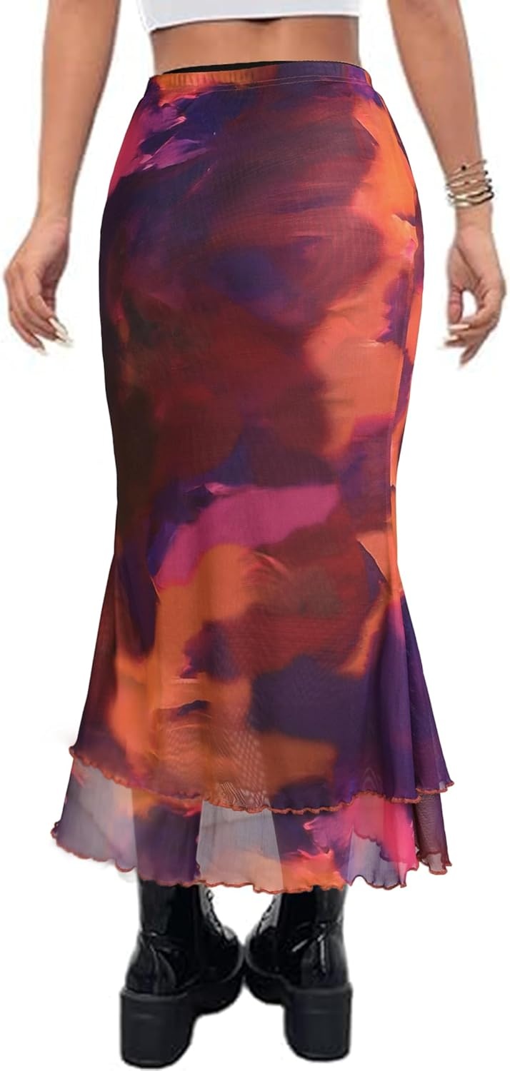 image:imageAvanova Women Boho Floral Mesh Long Skirts Elastic High Waisted Mermaid Hem 90s Grunge Maxi SkirtMulticolor