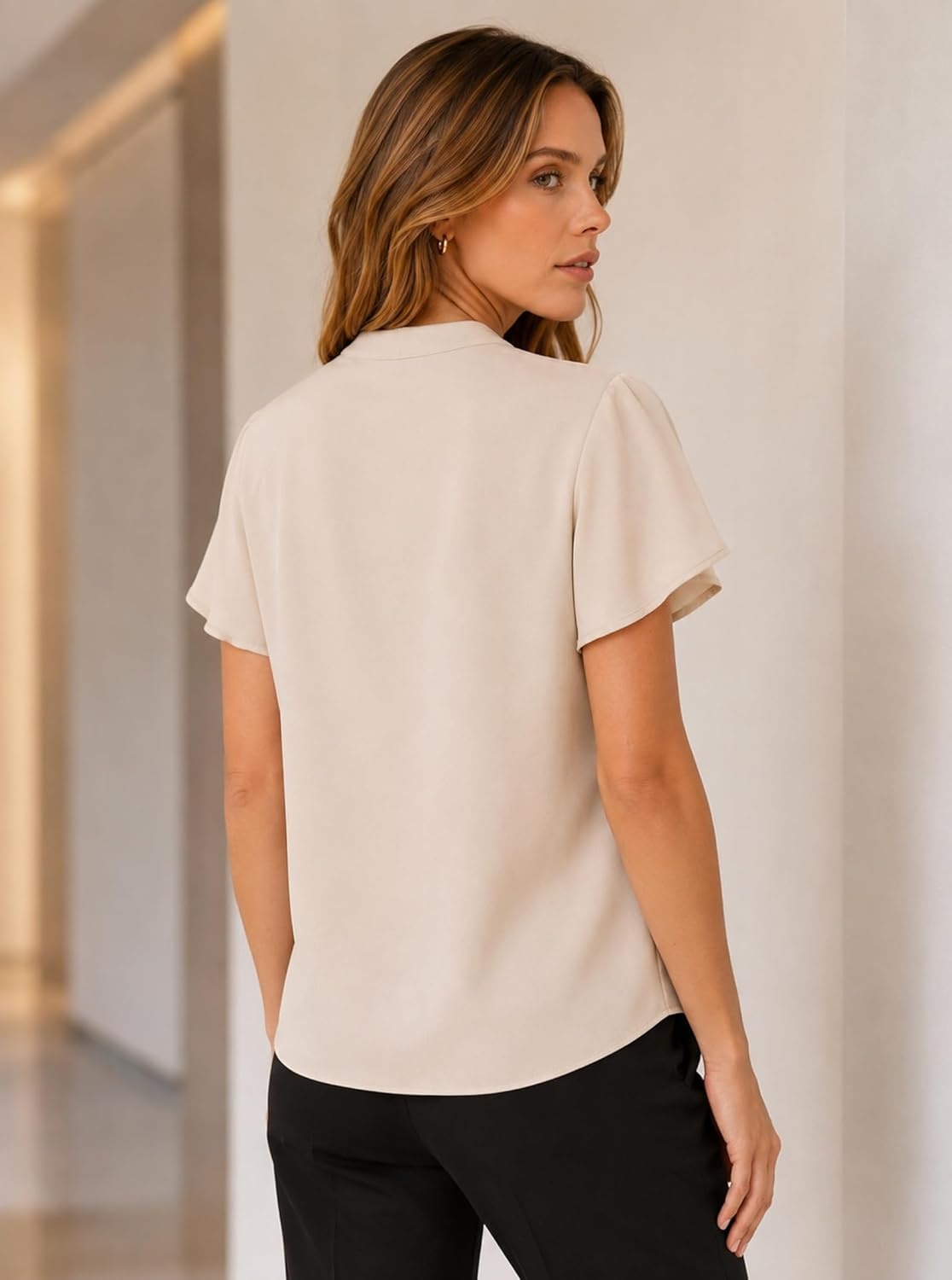 image:imageAvanova Women Color Block V Neck Short Sleeve Blouses Shirts Work Elegant Dressy TopsBeige