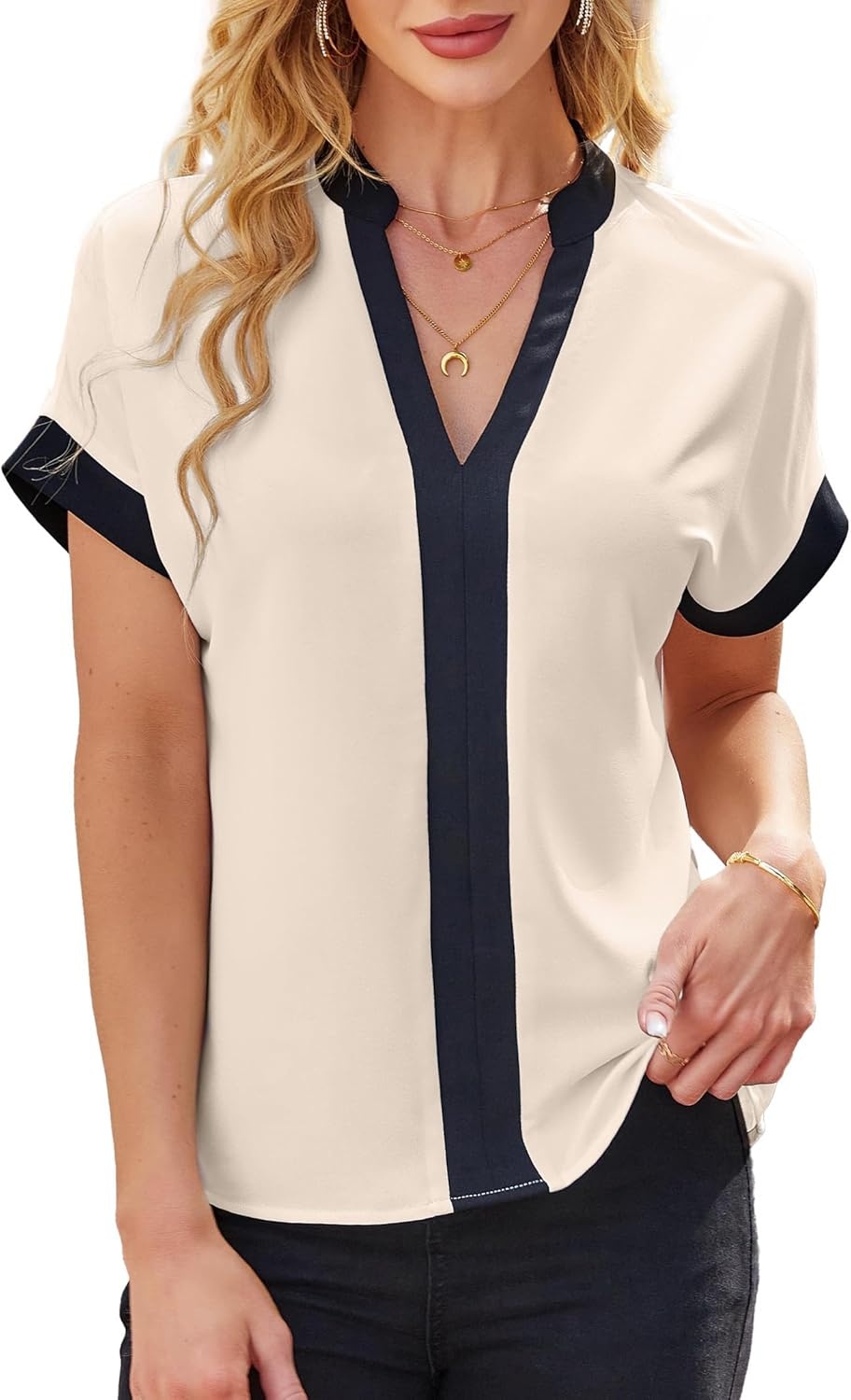 image:imageAvanova Women Color Block V Neck Short Sleeve Blouses Shirts Work Elegant Dressy TopsBeige Black