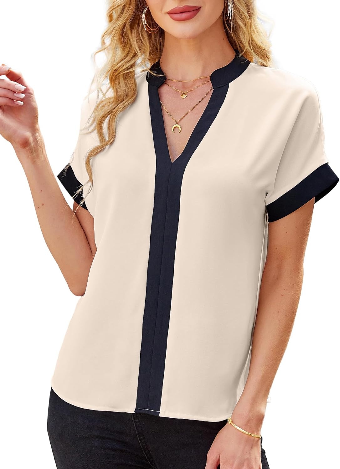image:imageAvanova Women Color Block V Neck Short Sleeve Blouses Shirts Work Elegant Dressy TopsBeige Black