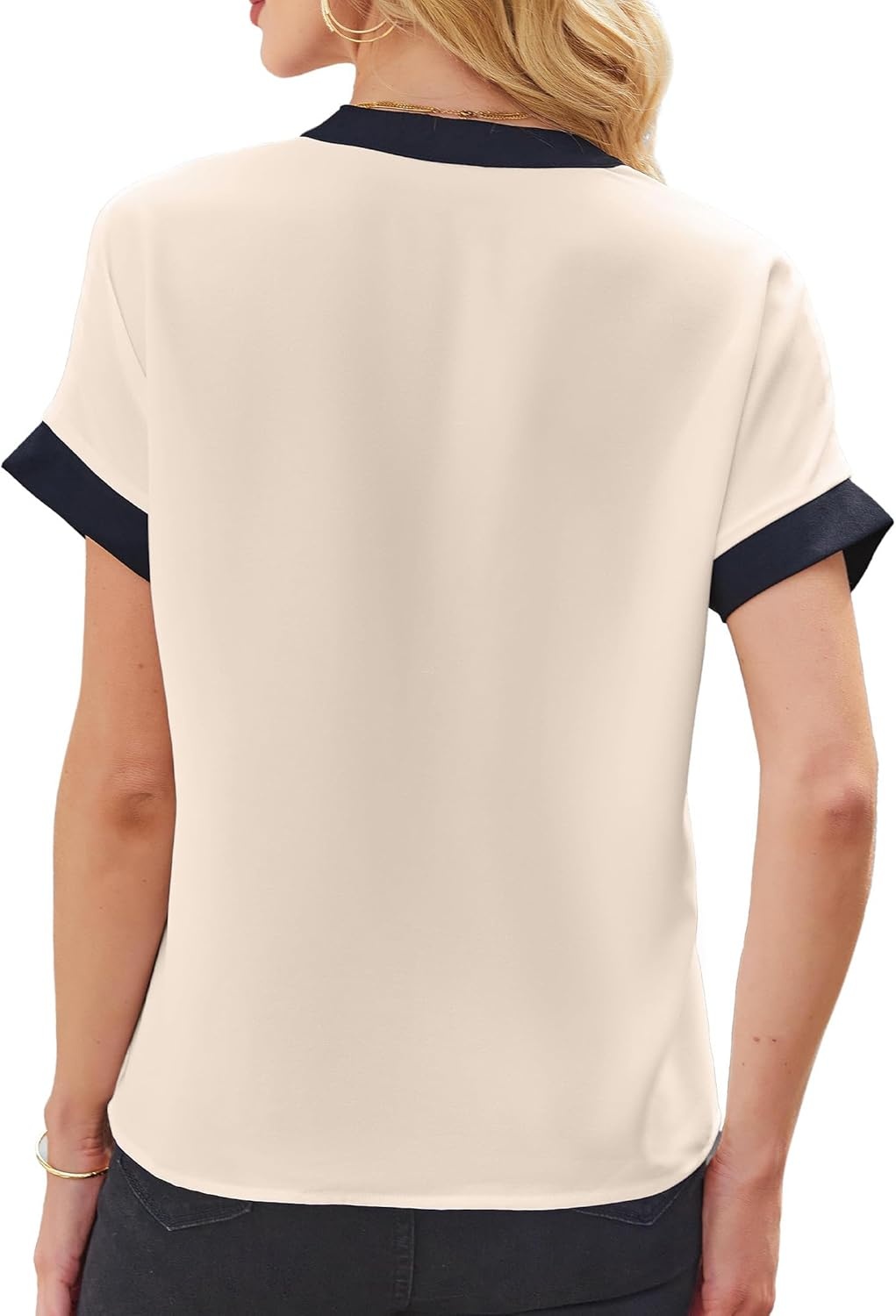 image:imageAvanova Women Color Block V Neck Short Sleeve Blouses Shirts Work Elegant Dressy TopsBeige Black