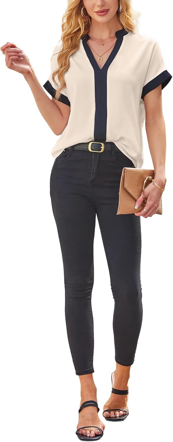 image:imageAvanova Women Color Block V Neck Short Sleeve Blouses Shirts Work Elegant Dressy TopsBeige Black