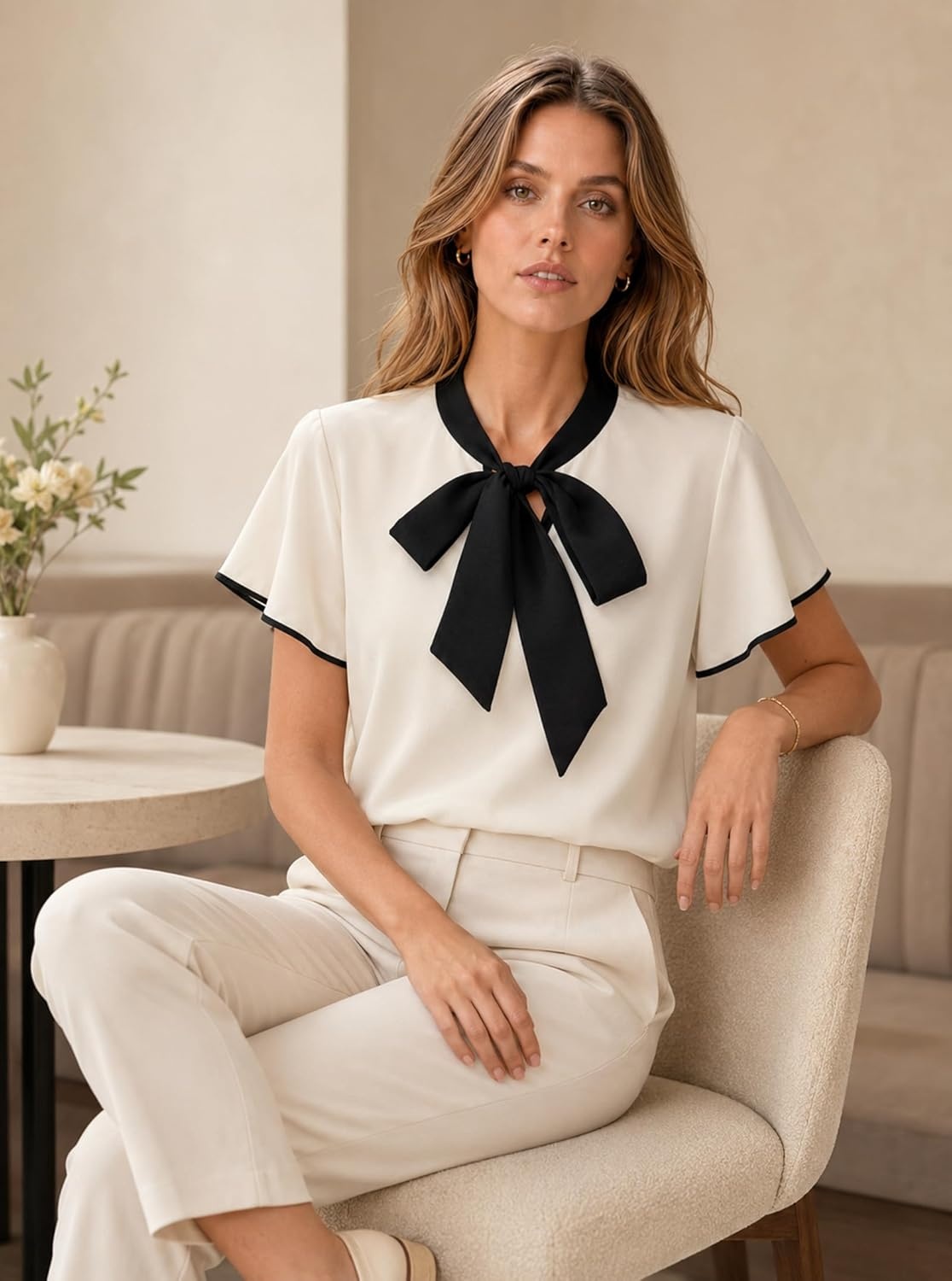 image:imageAvanova Women Color Block V Neck Short Sleeve Blouses Shirts Work Elegant Dressy TopsBeige Tie Neck