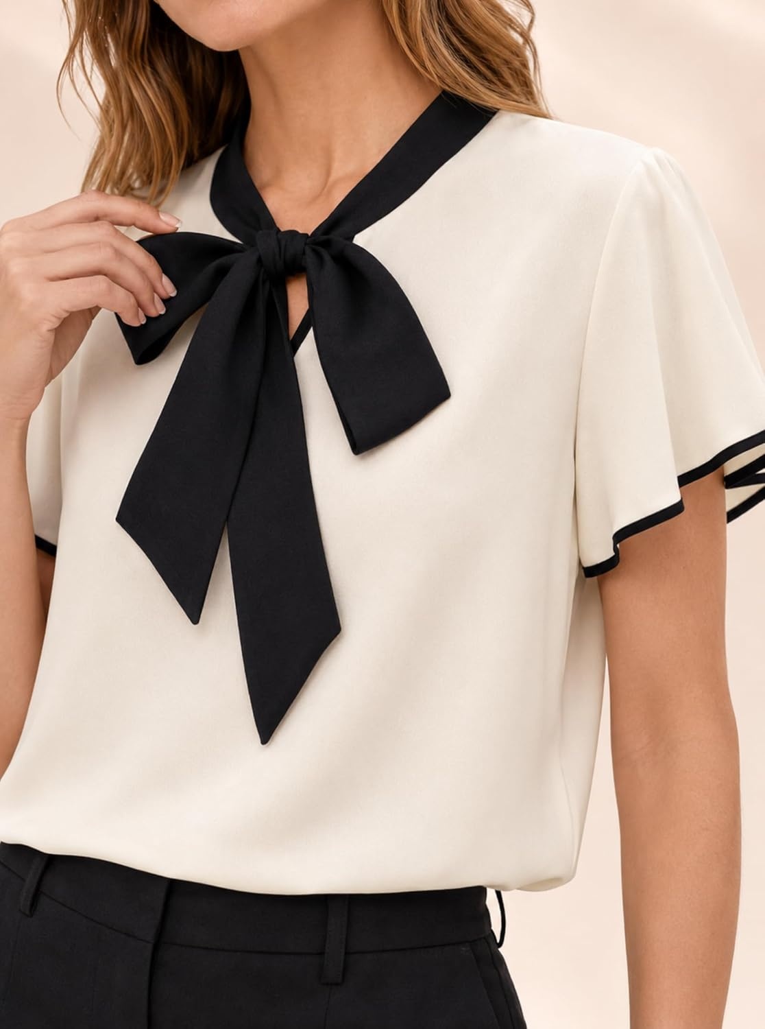 image:imageAvanova Women Color Block V Neck Short Sleeve Blouses Shirts Work Elegant Dressy TopsBeige Tie Neck