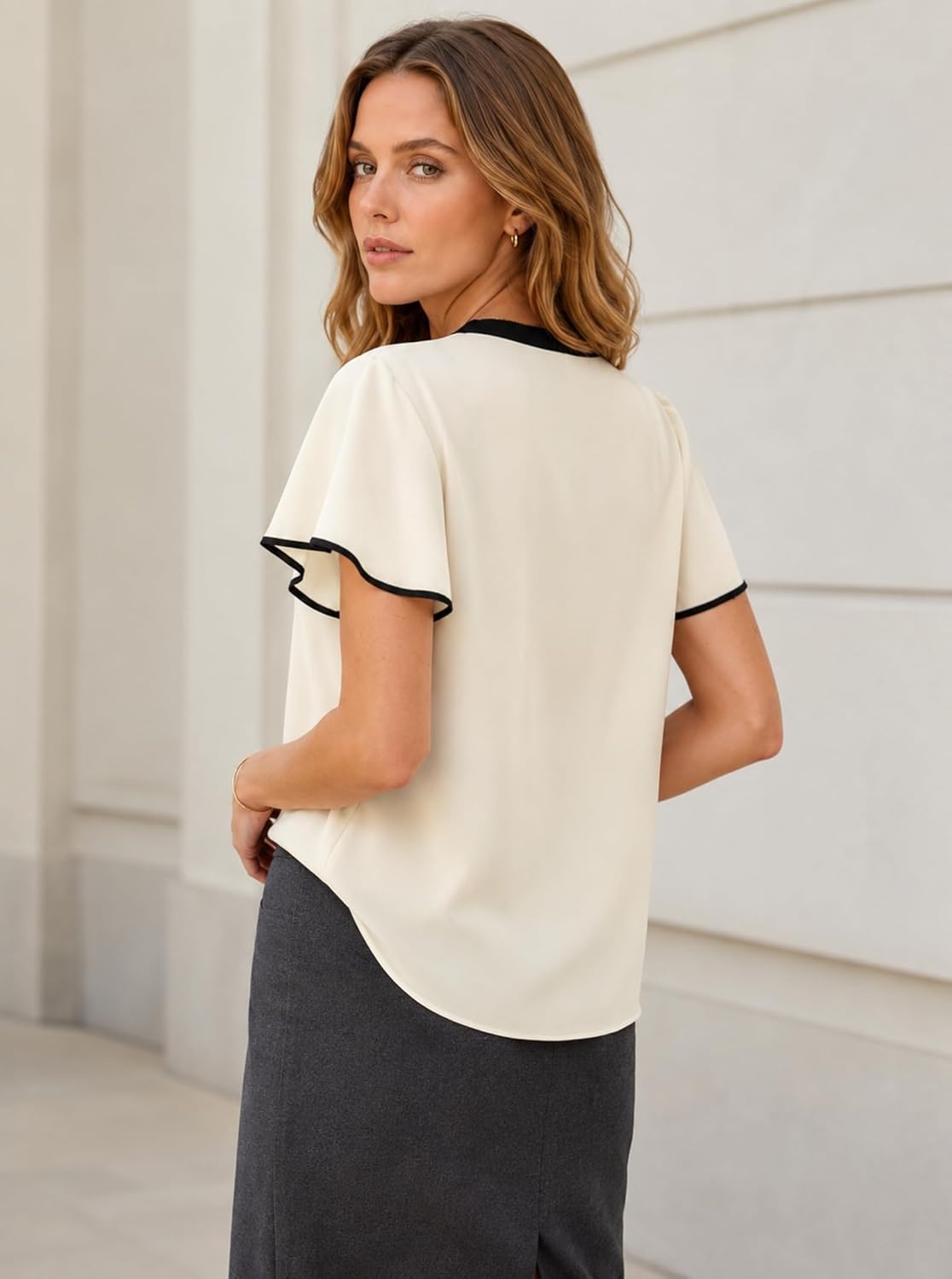 image:imageAvanova Women Color Block V Neck Short Sleeve Blouses Shirts Work Elegant Dressy TopsBeige Tie Neck
