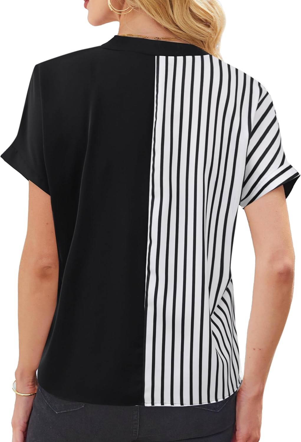 image:imageAvanova Women Color Block V Neck Short Sleeve Blouses Shirts Work Elegant Dressy TopsBlack Striped