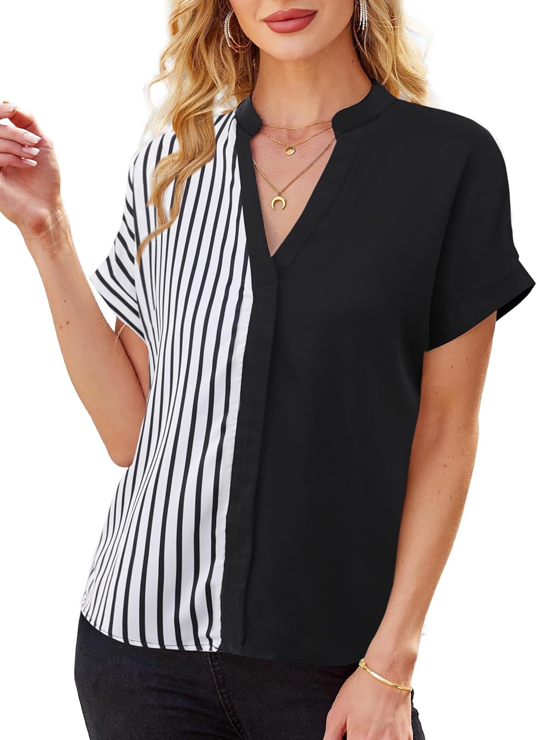 image:imageAvanova Women Color Block V Neck Short Sleeve Blouses Shirts Work Elegant Dressy TopsBlack Striped