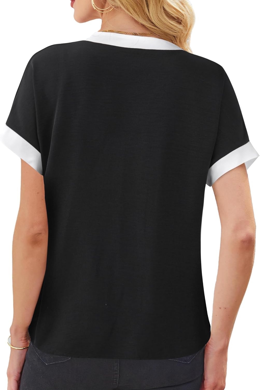 image:imageAvanova Women Color Block V Neck Short Sleeve Blouses Shirts Work Elegant Dressy TopsBlack White