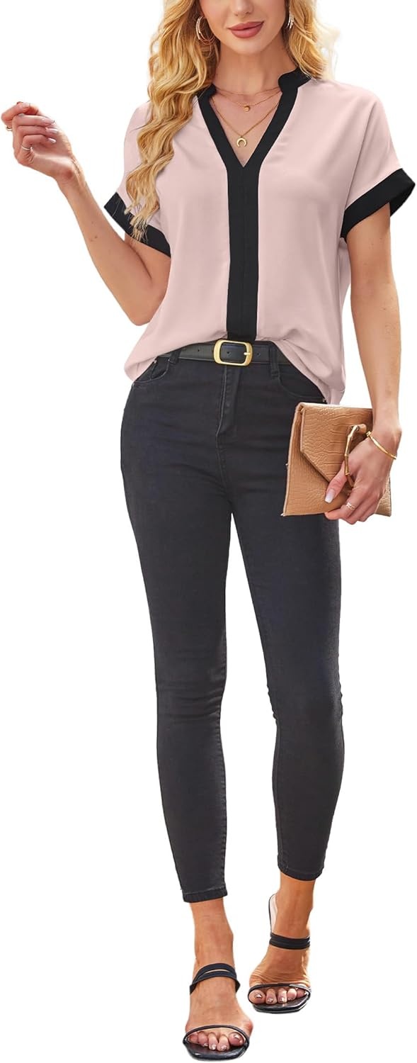 image:imageAvanova Women Color Block V Neck Short Sleeve Blouses Shirts Work Elegant Dressy TopsPink Black