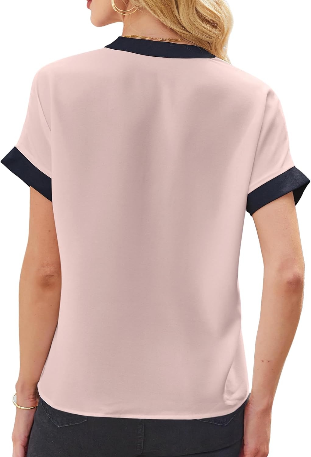 image:imageAvanova Women Color Block V Neck Short Sleeve Blouses Shirts Work Elegant Dressy TopsPink Black