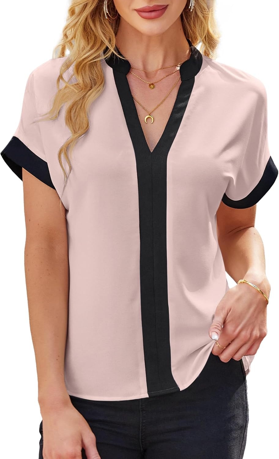 image:imageAvanova Women Color Block V Neck Short Sleeve Blouses Shirts Work Elegant Dressy TopsPink Black