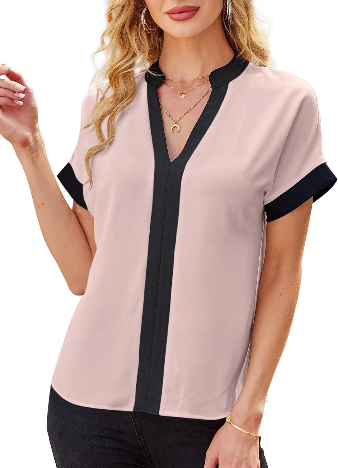 image:imageAvanova Women Color Block V Neck Short Sleeve Blouses Shirts Work Elegant Dressy TopsPink Black