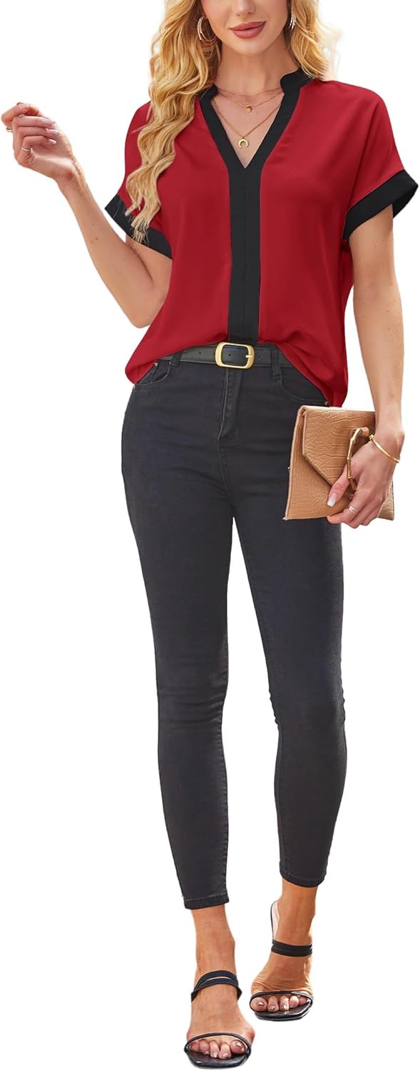 image:imageAvanova Women Color Block V Neck Short Sleeve Blouses Shirts Work Elegant Dressy TopsRed Black