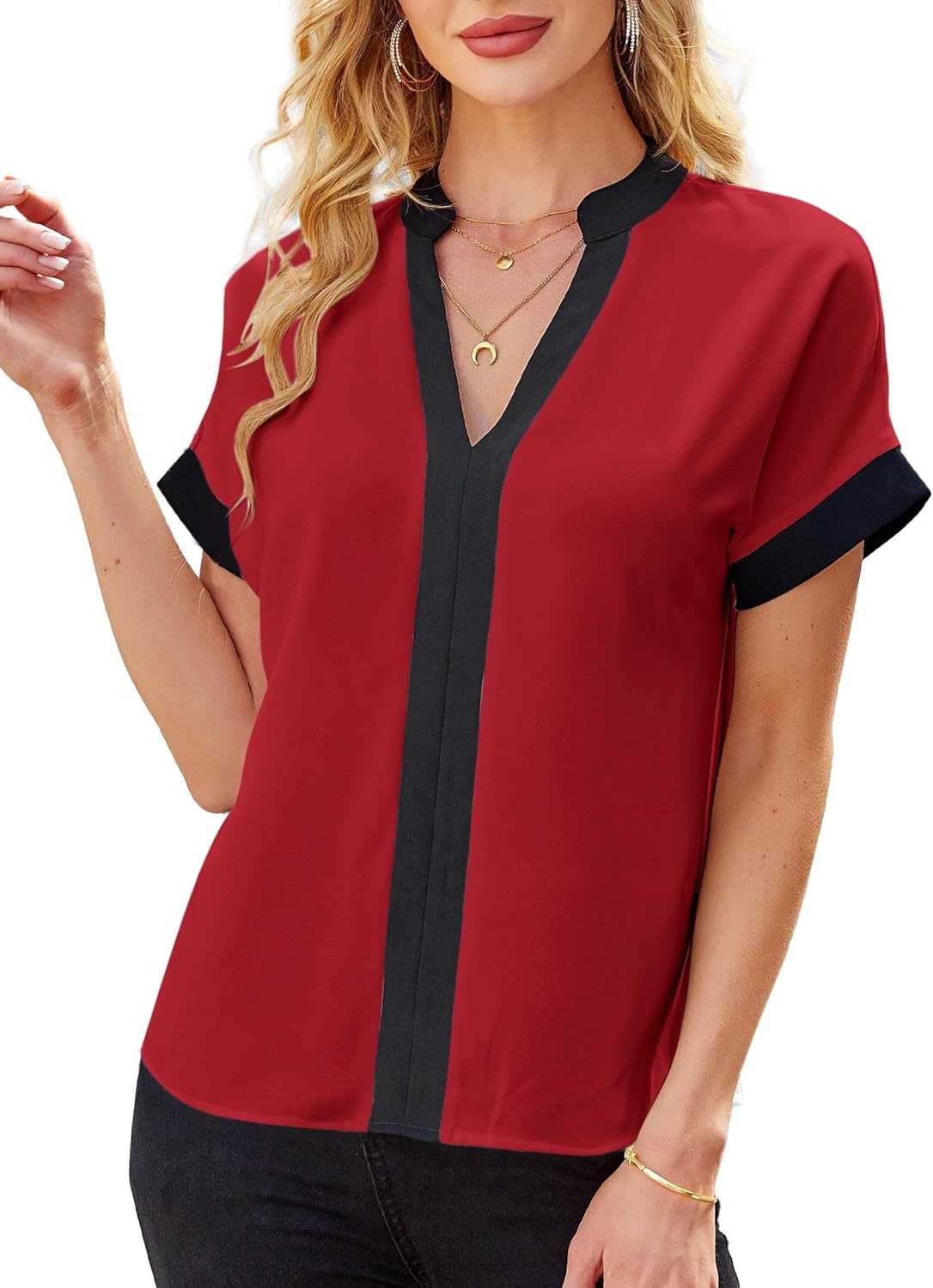 image:imageAvanova Women Color Block V Neck Short Sleeve Blouses Shirts Work Elegant Dressy TopsRed Black