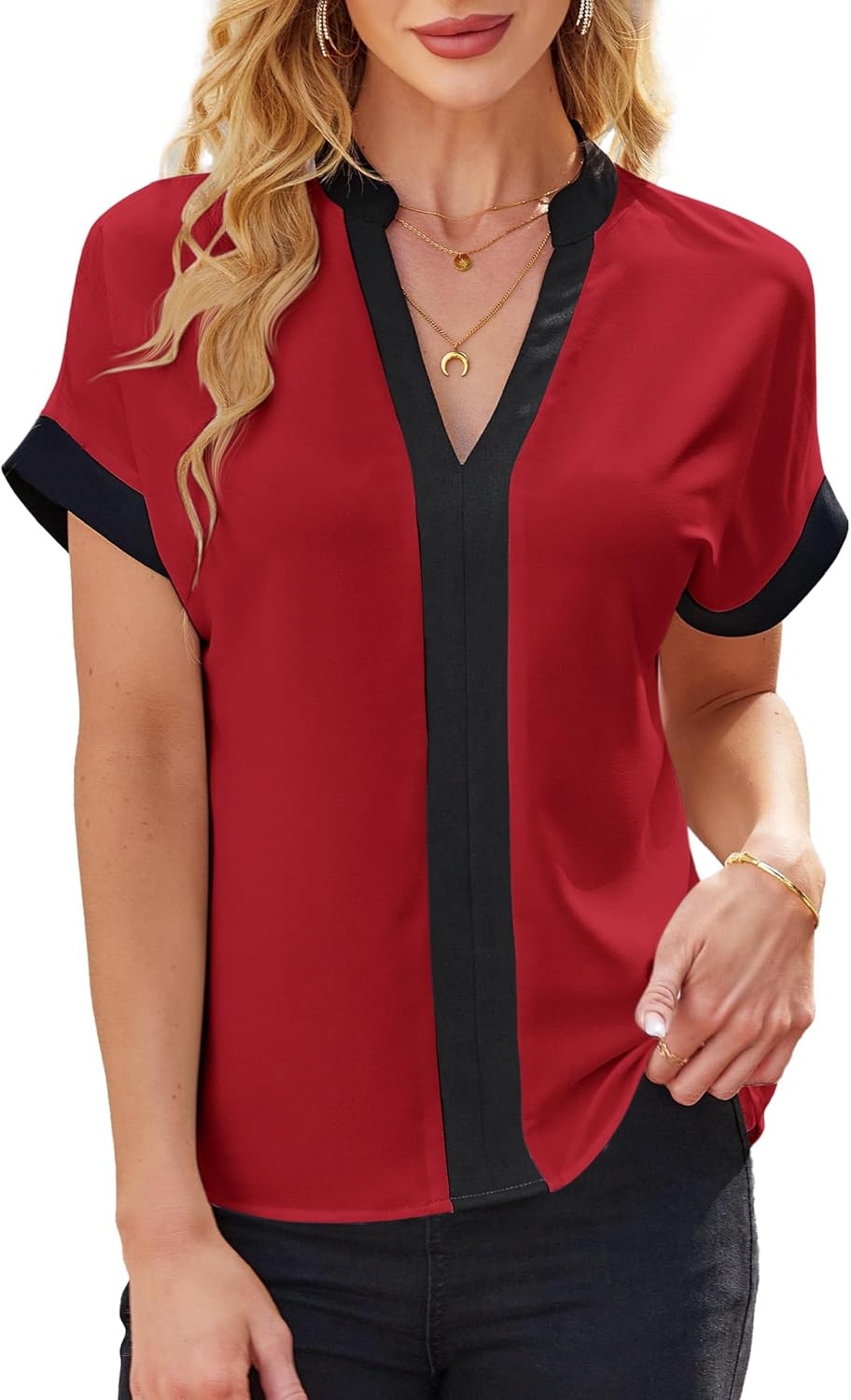 image:imageAvanova Women Color Block V Neck Short Sleeve Blouses Shirts Work Elegant Dressy TopsRed Black