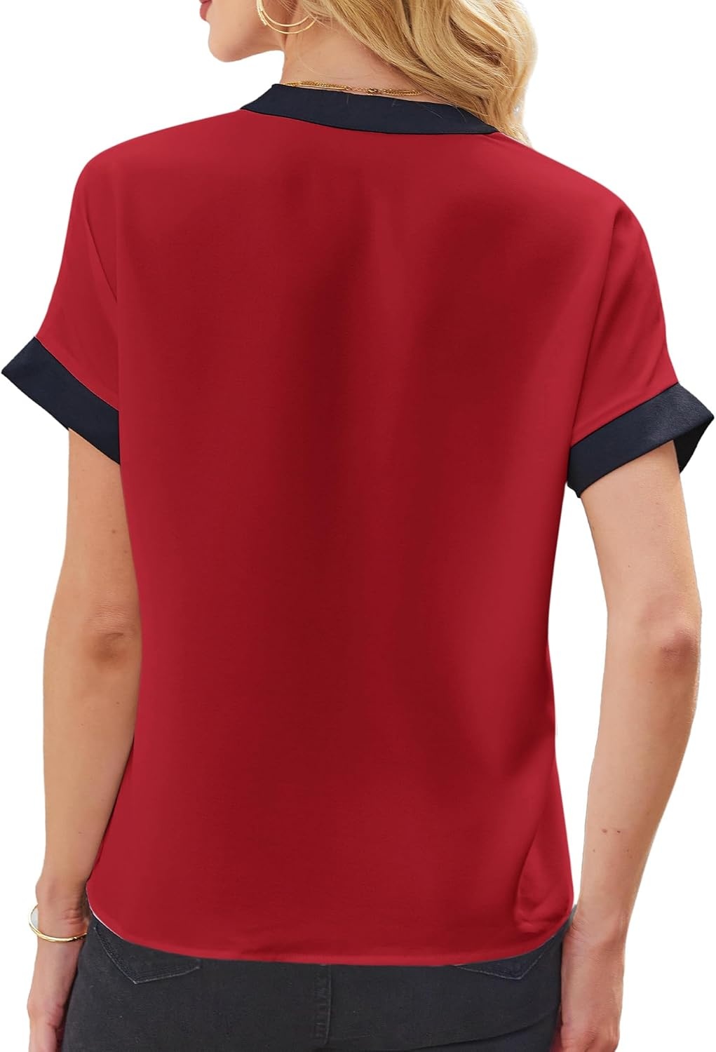 image:imageAvanova Women Color Block V Neck Short Sleeve Blouses Shirts Work Elegant Dressy TopsRed Black